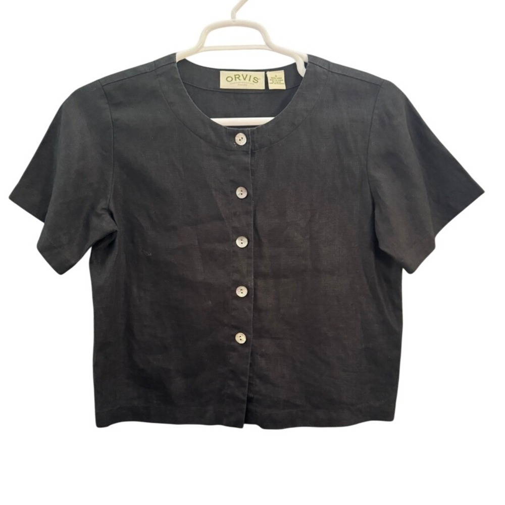 Orvis Womens Black 100% Linen Short Sleeve Button Down Blouse Top Size Small